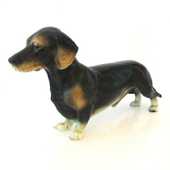 VTG Japan Porcelain DACHSHUND DOG FIGURINE Black Tan White Paws Male 7" Long - Picture 7 of 7